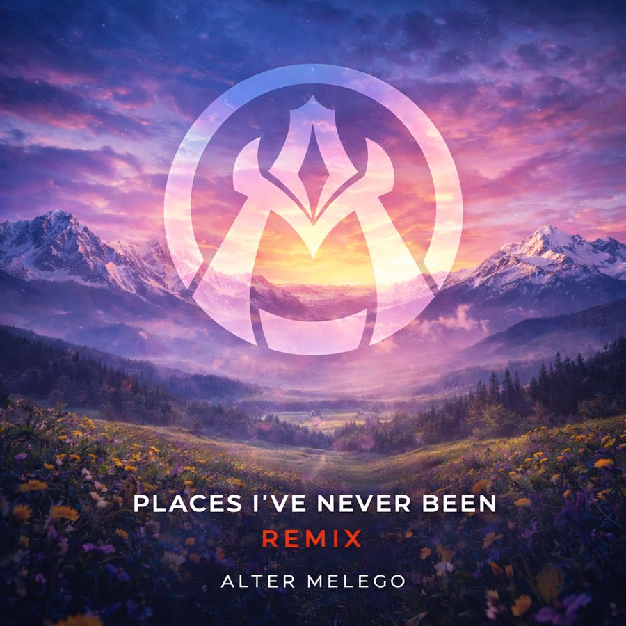 Cover of Places I've Never Been RMX: the Alter Melego emblem over a mountain valley at sunset